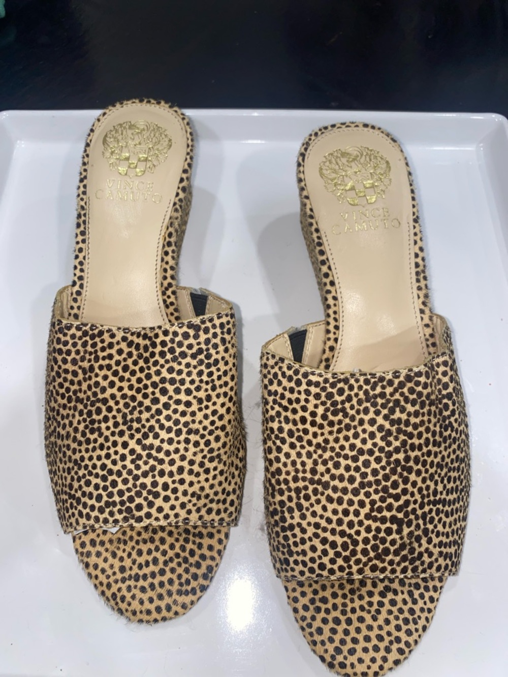 Vince Camuto Leopard-Print Slide Mules in Tan and Black